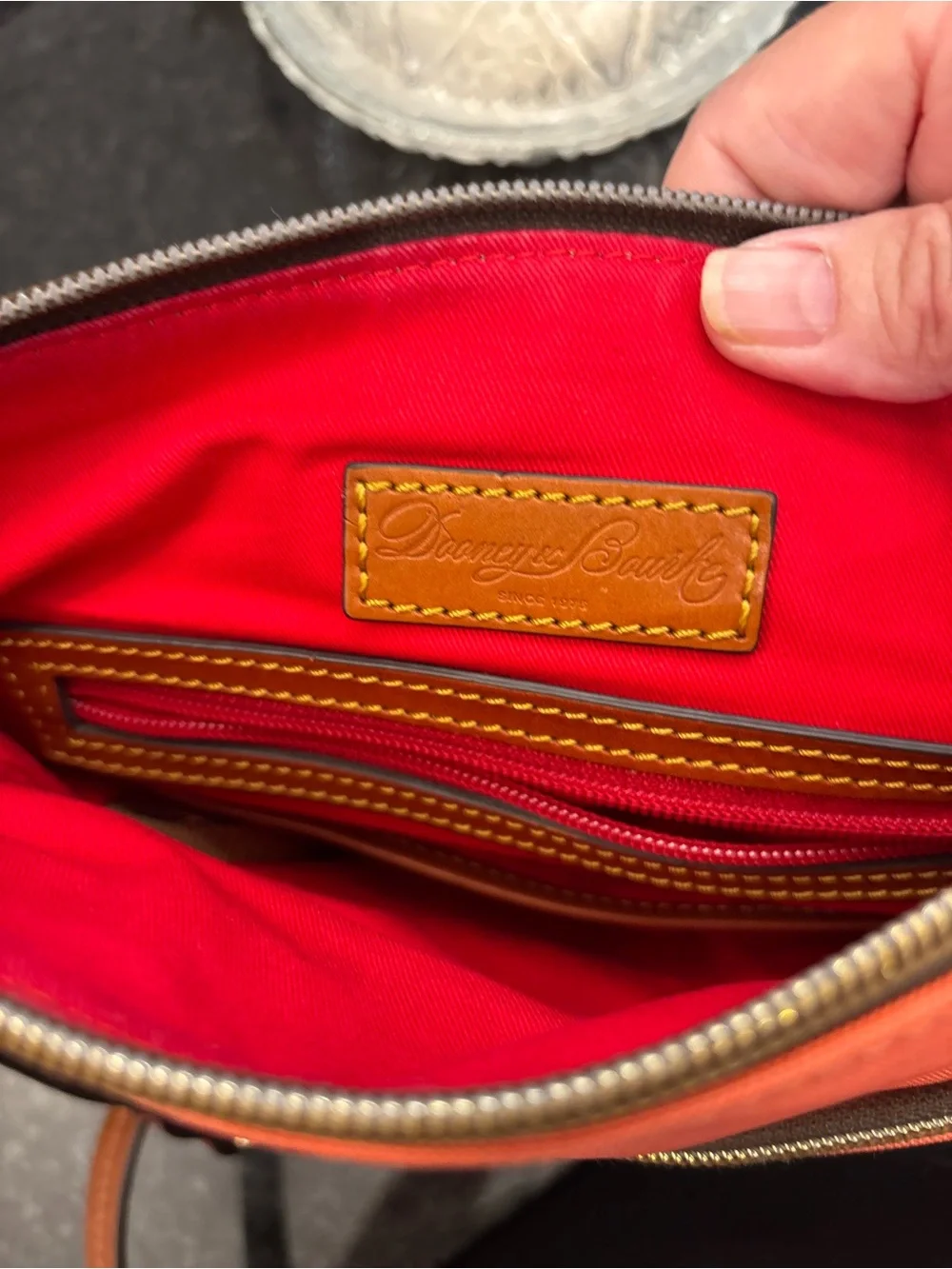 Dooney & Bourke Bright Orange Crossbody with Brown Leather Strap